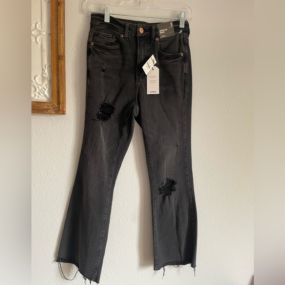 Express Jeans Womens Sz S 0/2/4 NWT stretch flexx High Rise Distress Black Faded
